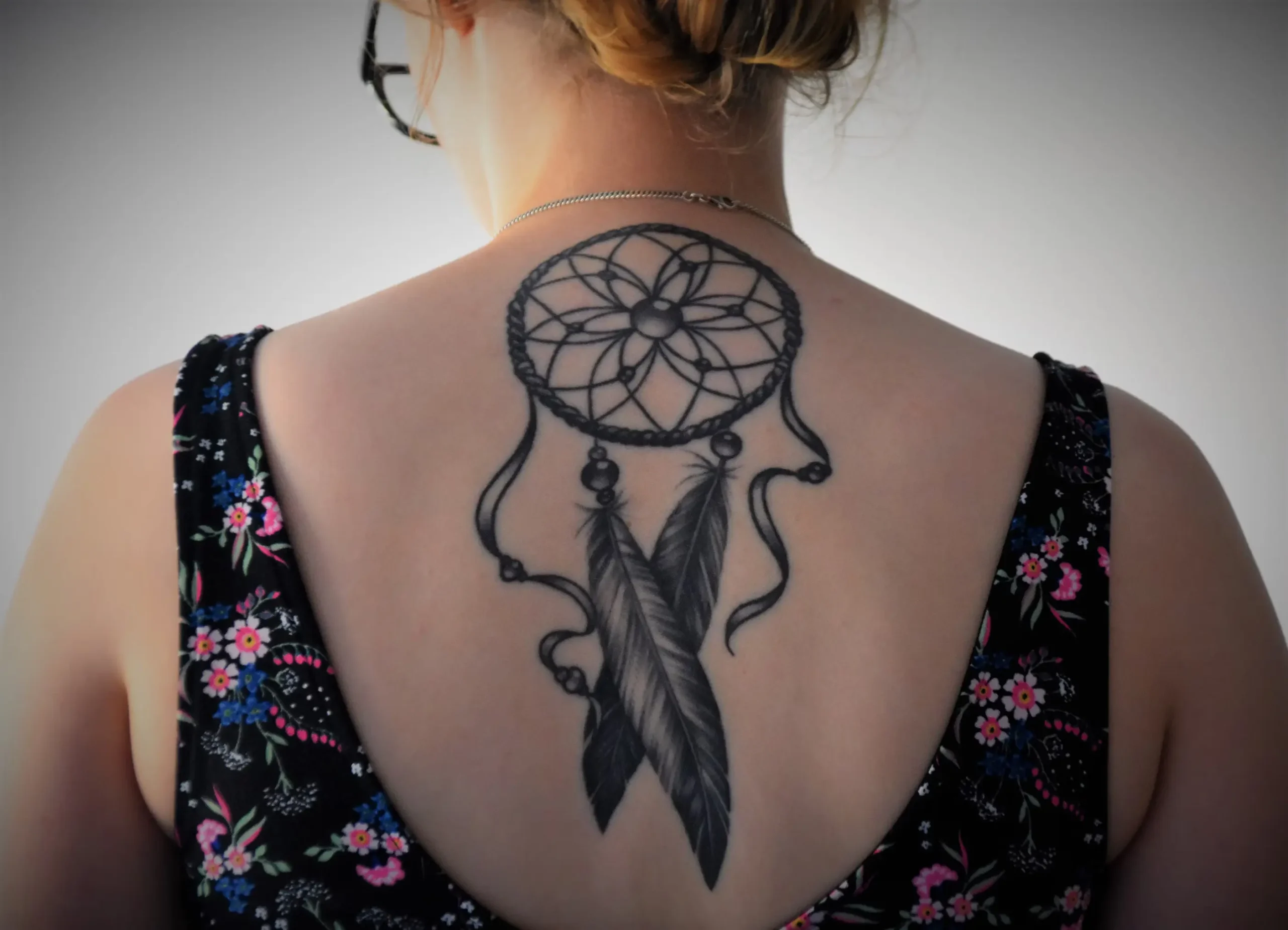 Client Name: Sarah • Style: Blackwork Dreamcatcher
