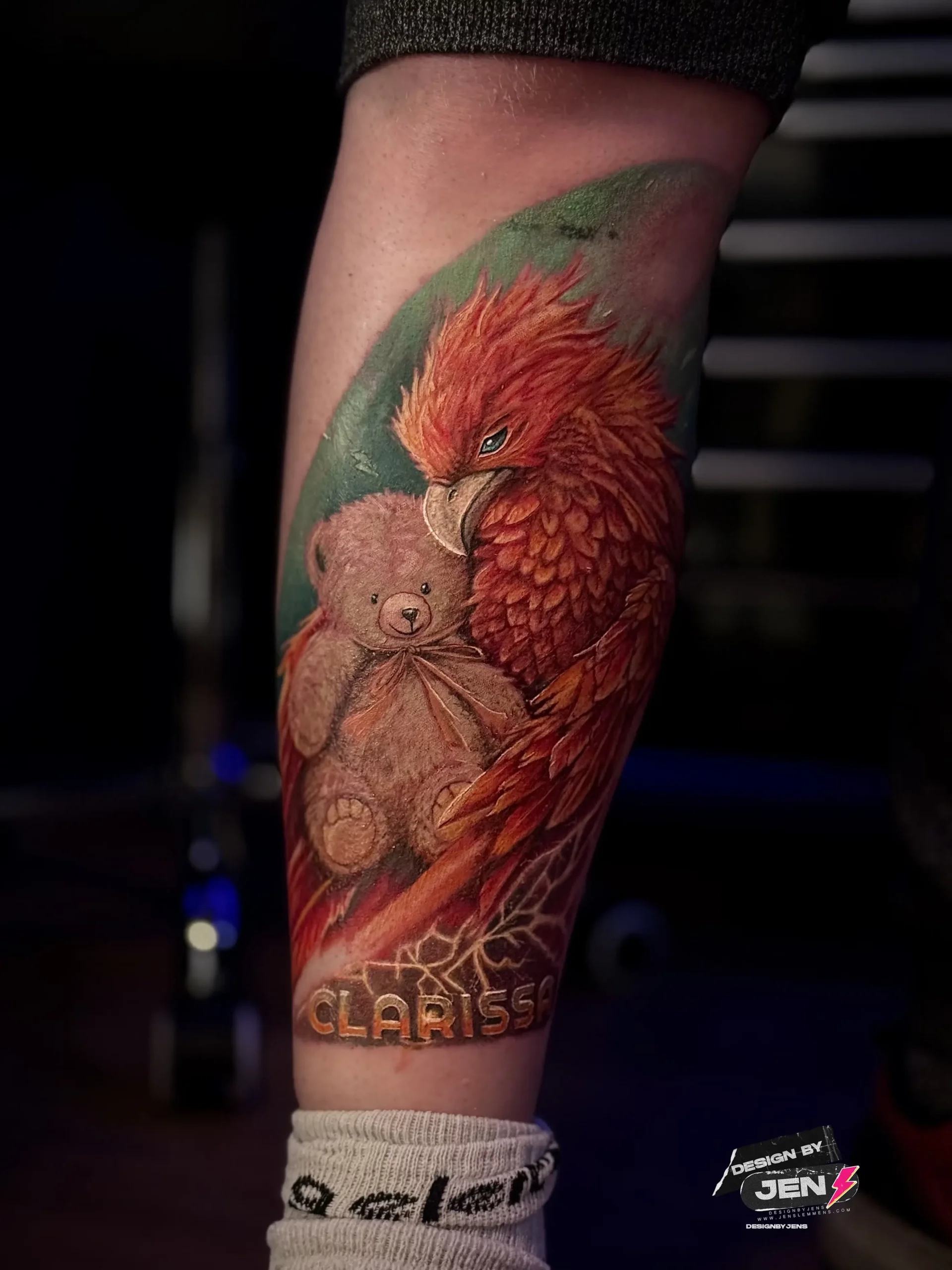 Client Name: Michael 	•	Style: Realism with Color (Phoenix and Teddy Bear)